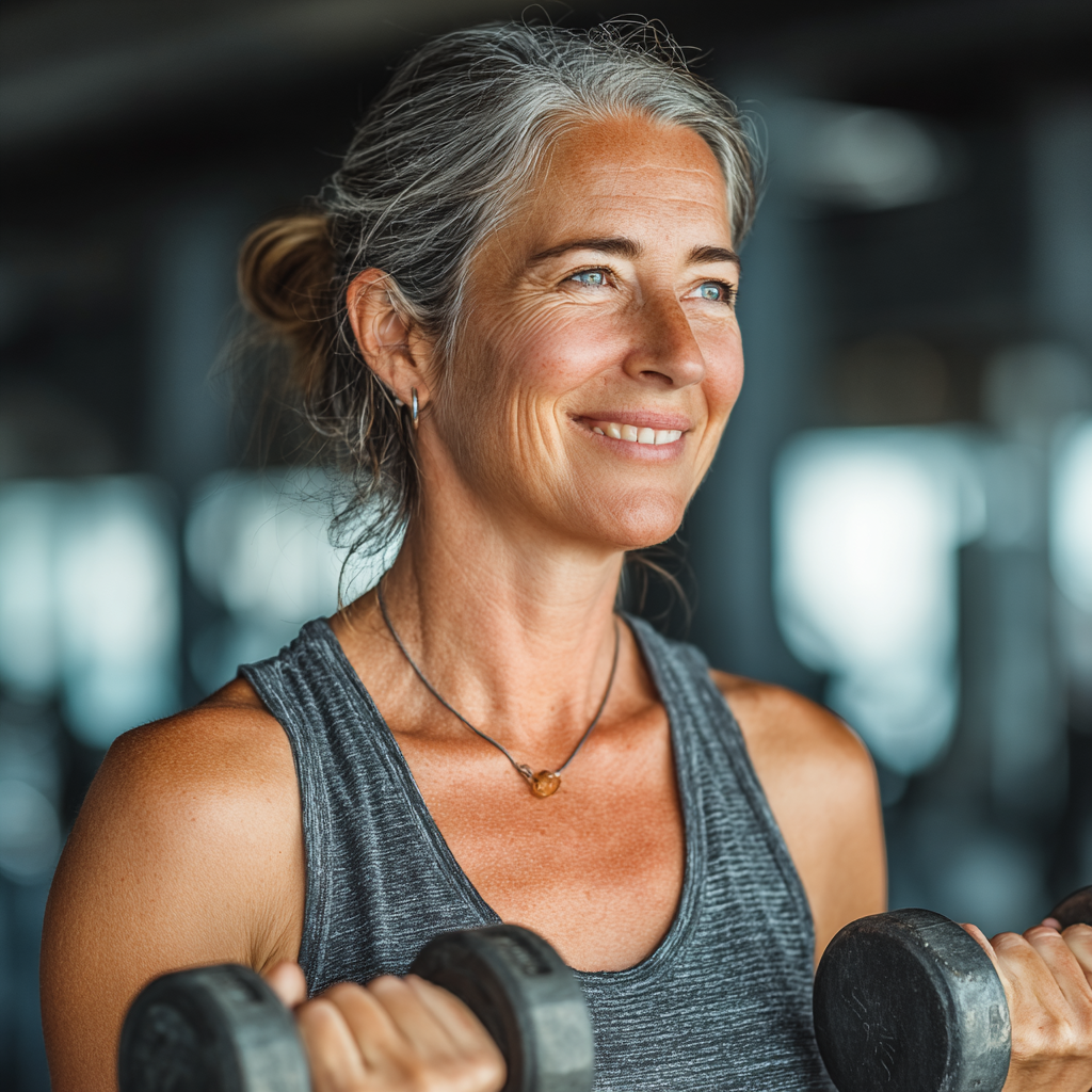 Active middle-aged woman in her 50s doing strength training with dumbbells in modern gym, smiling confidently while exercising