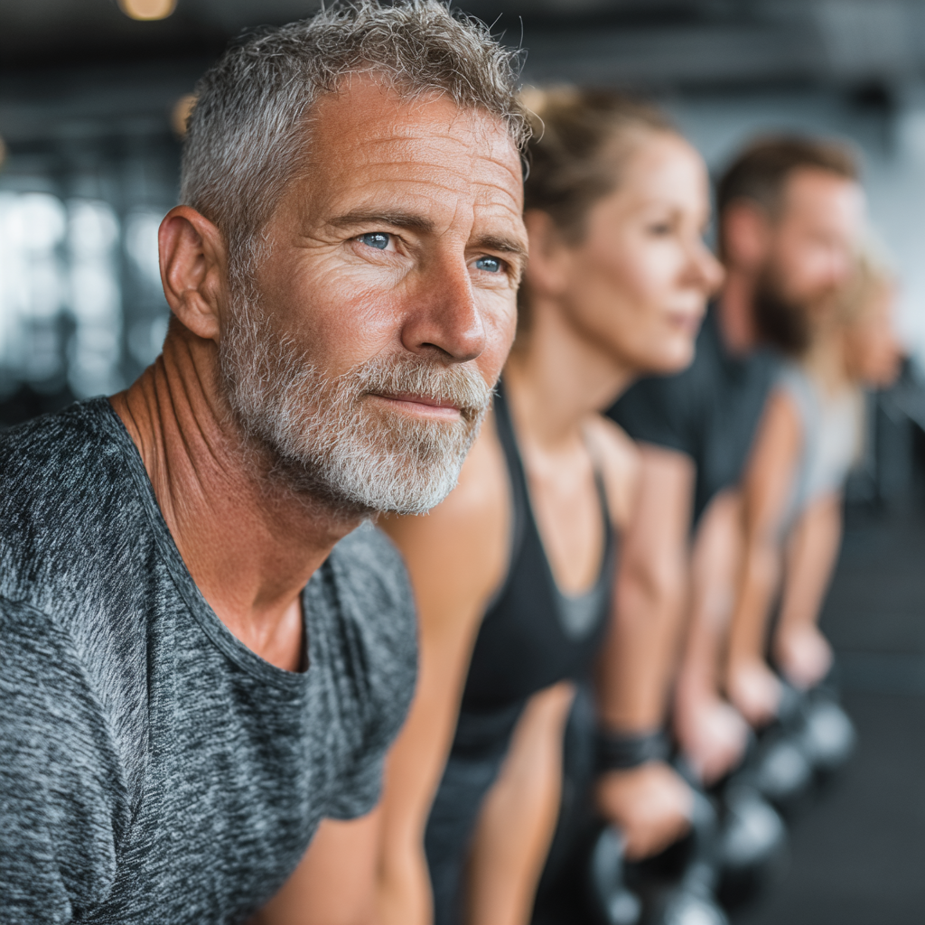 Group of people aged 40-55 doing functional fitness training in bright modern gym, working out together with kettlebells and resistance bands
